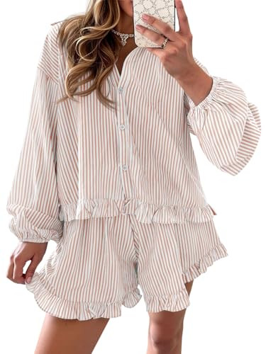Fisoew Womens Stripe 2 Piece Lounge Sets Button Down Ruffle Shirts Shorts Sets Casual Oversized Pajama Sets Loungewear | Amazon (US)