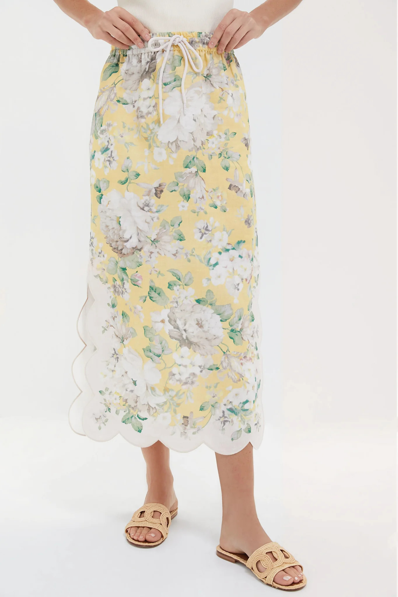 Yellow Floral Acacia Scallop Midi Skirt | Tuckernuck (US)