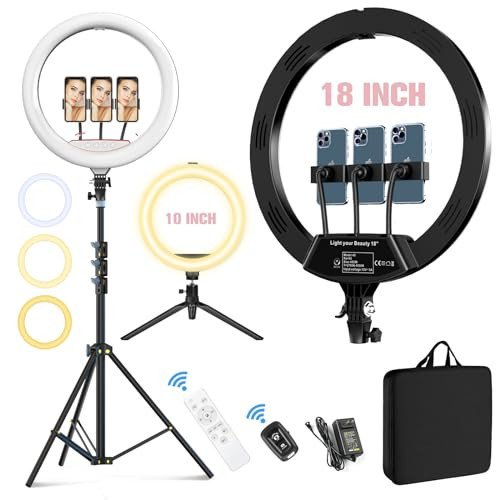 18”+10” Ring Light, 2PCS Led Ring Light Kit for iPhone with Tripod Stand and 3 Phone Holders, Adjustable 2700-6500K, Selfie Ring Light with Remote for TikTok, YouTube, Camera, Video, Live Stream | Amazon (US)