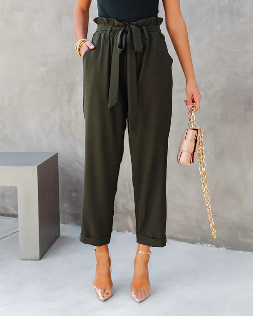 Busy As Usual Pocketed Paper Bag Pants - Dark Olive | VICI