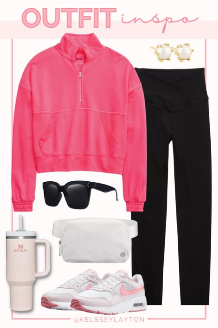 Outfit idea, aerie, athleisure, black leggings, white belt bag, Lululemon everywhere belt bag, pink Nikes 

#LTKunder50 #LTKstyletip #LTKsalealert
