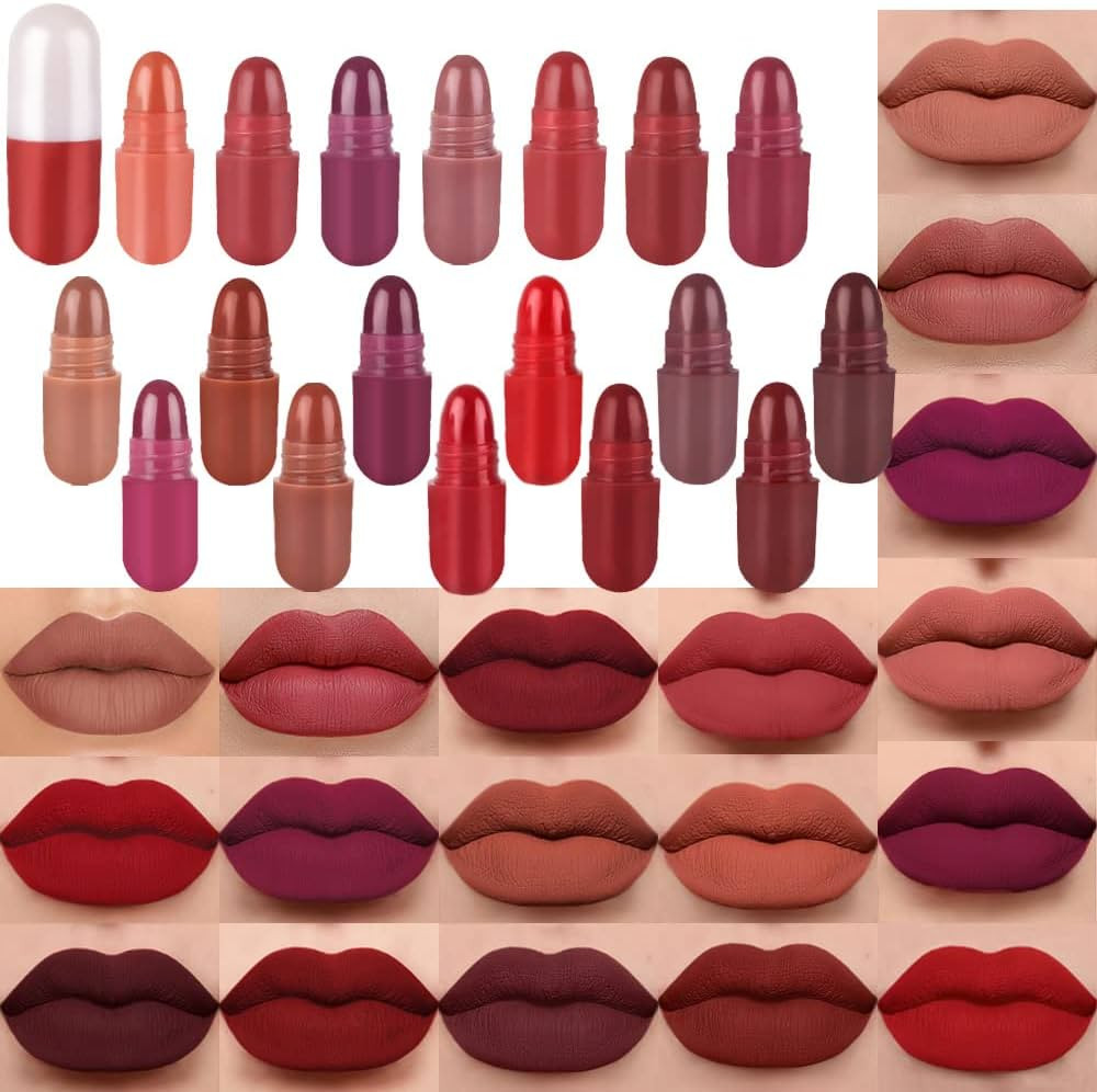 18 Pcs Mini Capsule Makeup Lipstick Pills Set, Matte Stain Set, Lápiz Labial Rojo Women Nude Bro... | Amazon (US)