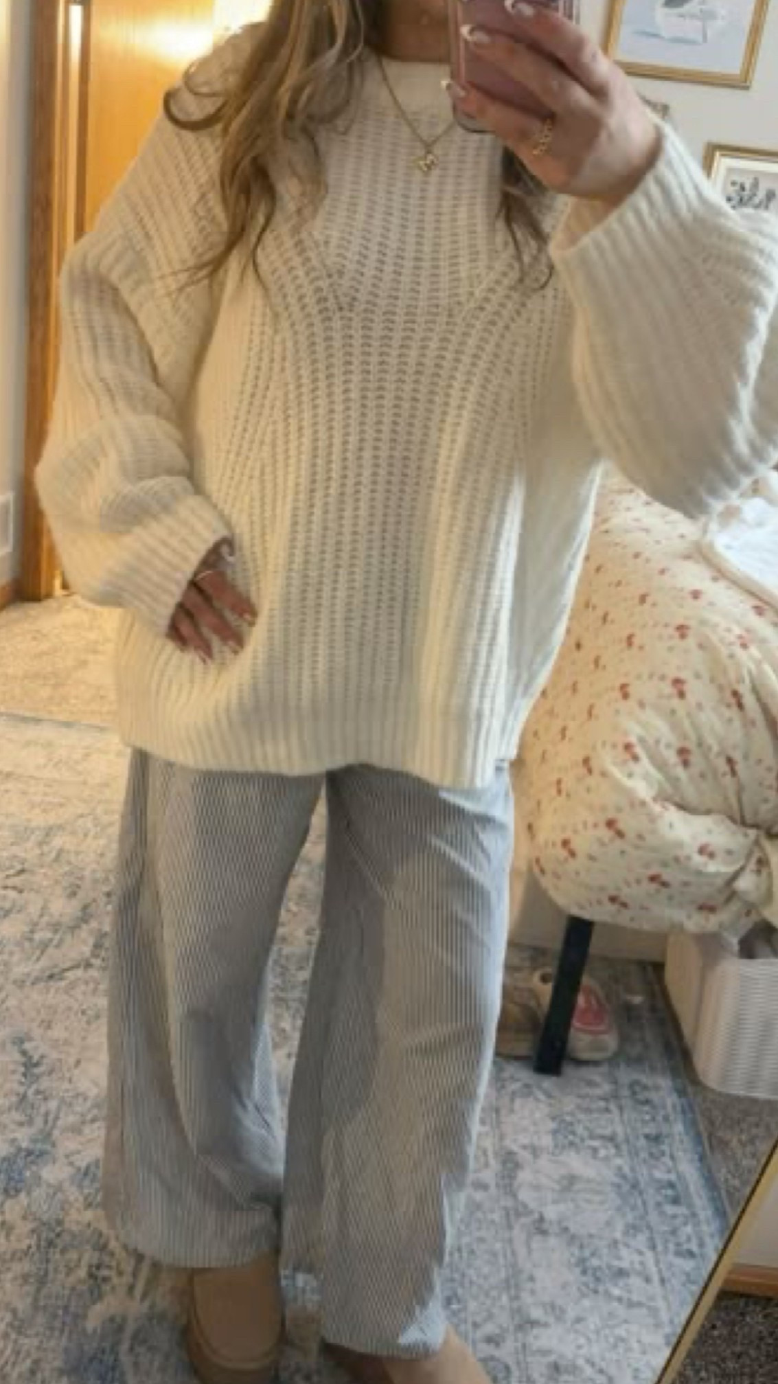 chunky sweater outfit inspo striped pants ugg platform winter 2025 

#LTKgrwm #LTKootd #LTKHoliday