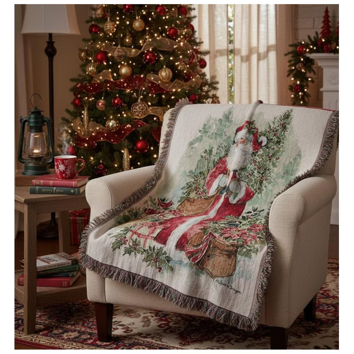 50x60 Inch Holly and Pine Santa Throw – Cotton Woven Christmas Decor by Manual Woodworkers and ... | Target