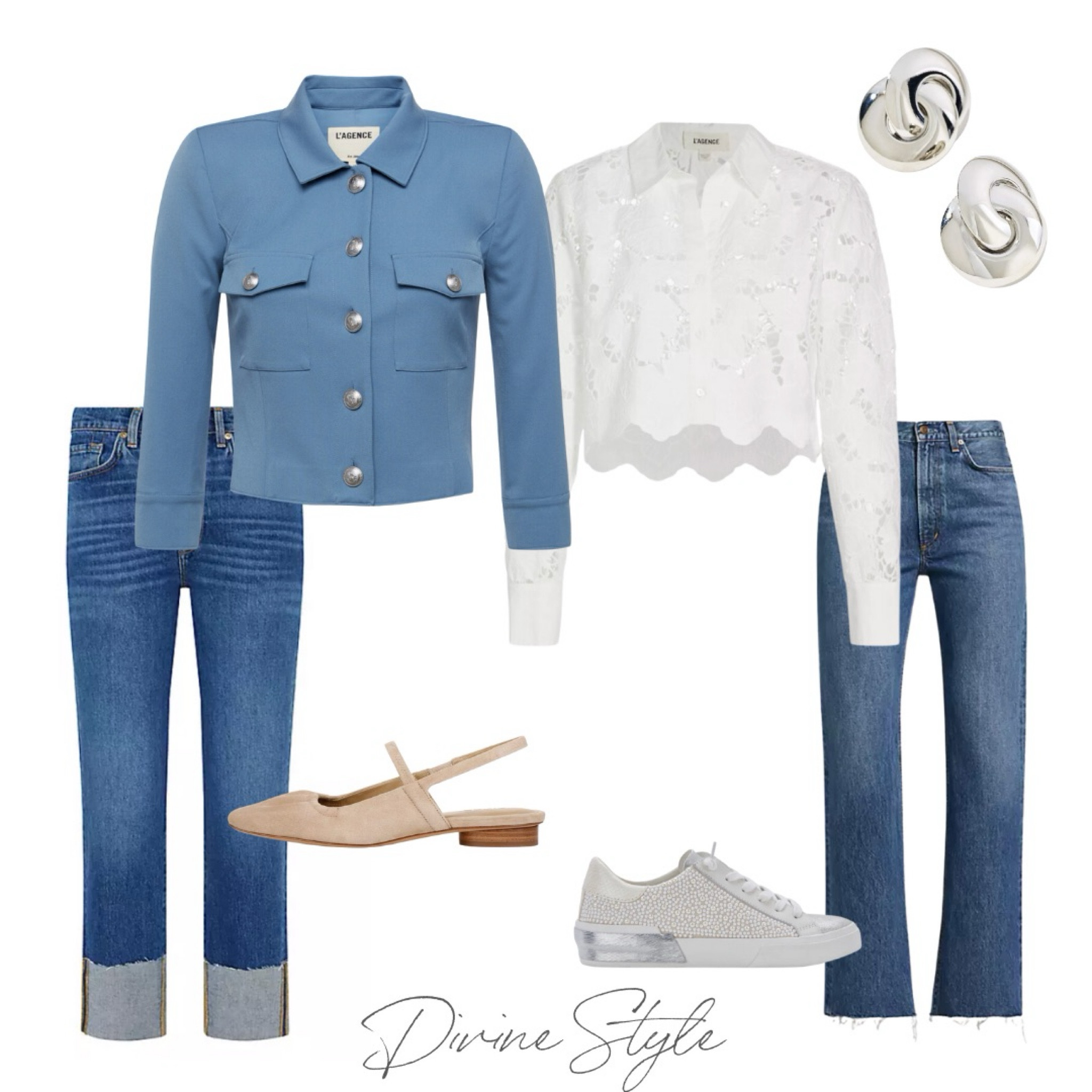 Transition to Spring Outfit- this blue tone cropped twill jacket is a great piece to layer with this spring. Fits true to size. Styled with a white eyelet shirt. Just bought a similar shirt in Switzerland that everyone loves! Two different style jeans with a cropped look + sling backs or embellished fun sneakers.

#LTKFindsUnder100 #LTKShoeCrush #LTKSpring