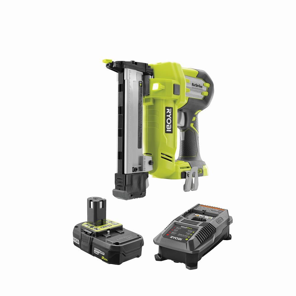 RYOBI 18-Volt ONE+ AirStrike 18-Gauge Cordless Narrow Crown Stapler Kit with 2.0 Ah Battery and Char | The Home Depot