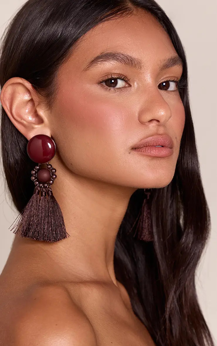 Chocolate Tassel Beaded Statement Earrings | PrettyLittleThing UK