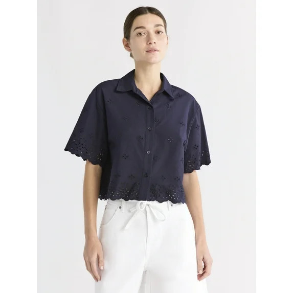Free Assembly Women's and Women's Plus Cropped Cotton Eyelet Shirt, Sizes XS-4X | Walmart (US)