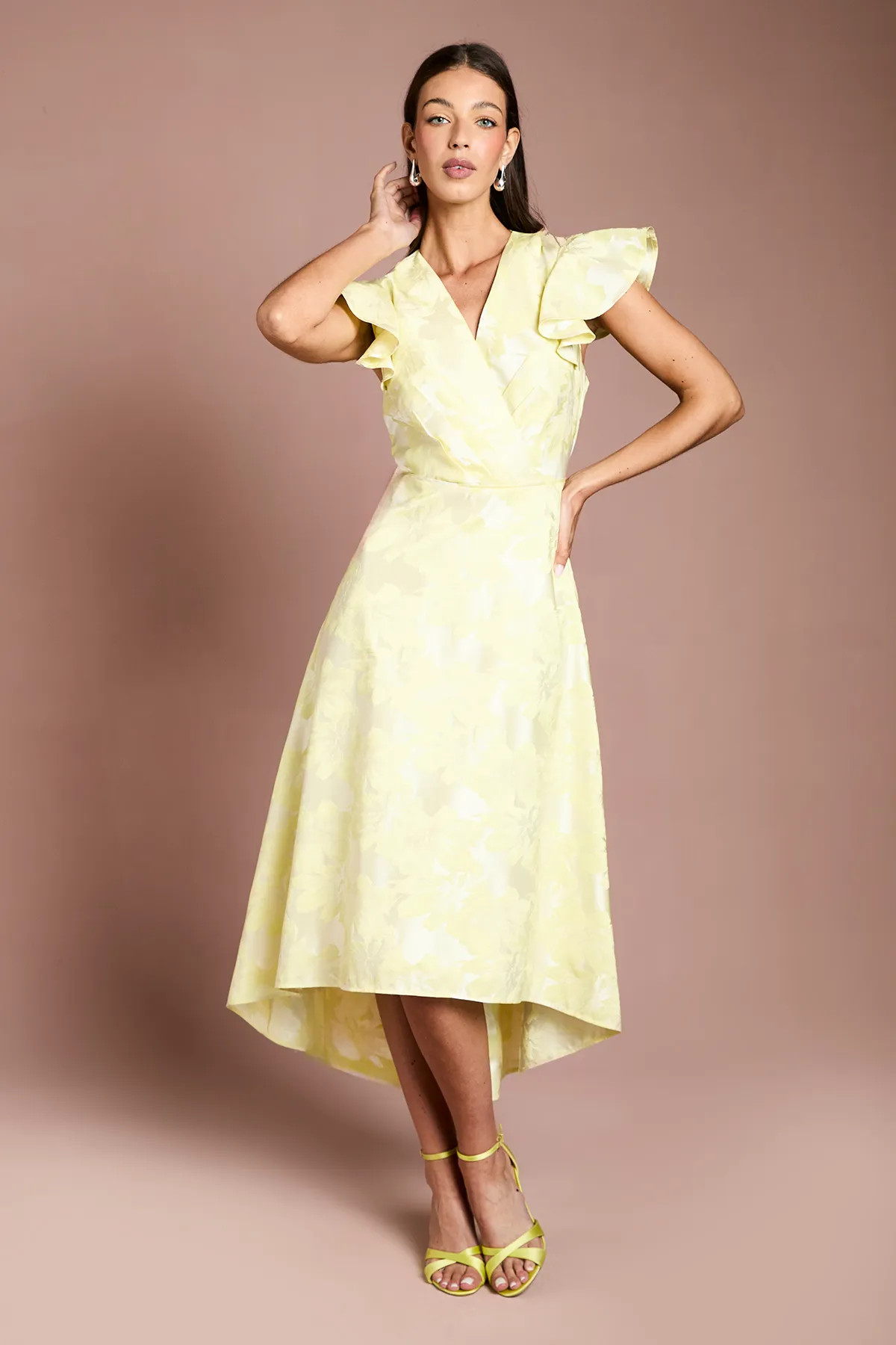 Lemon Coast Jacquard Frill Sleeve Wrap High Low Midi Dress | Oasis | Oasis UK & IE