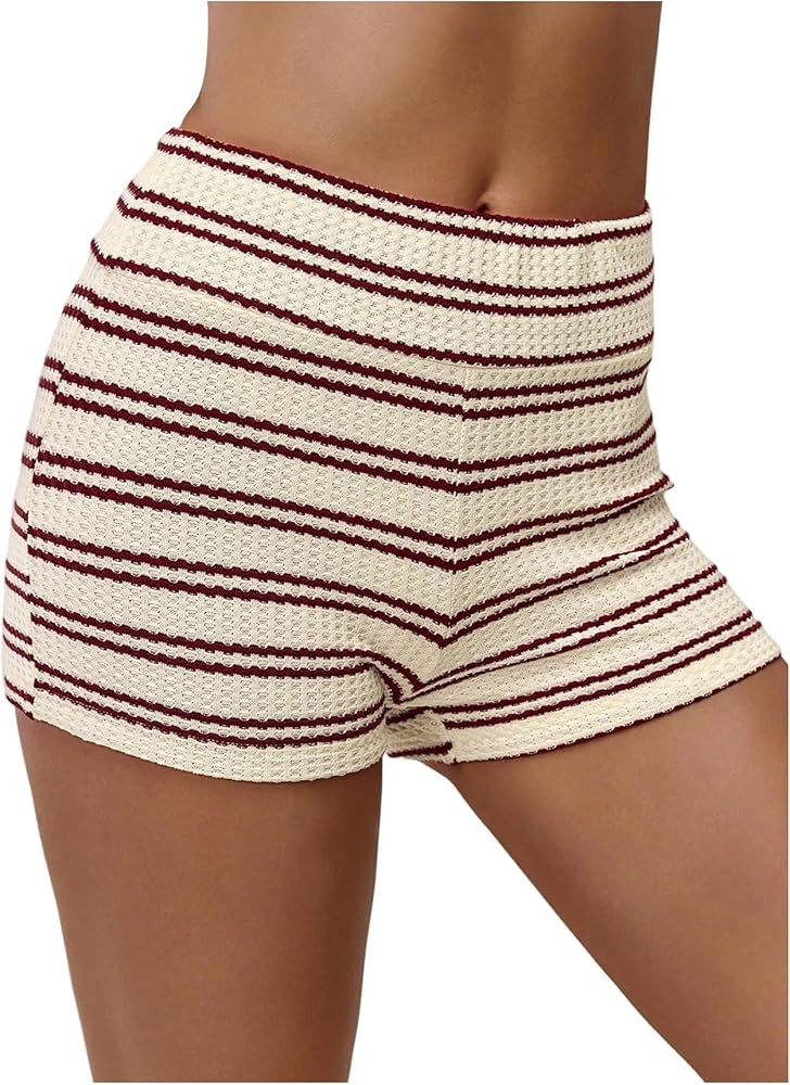 Verdusa Women's Waffle Striped Lounge Micro Shorts High Waist Mini Knit Shorts | Amazon (US)