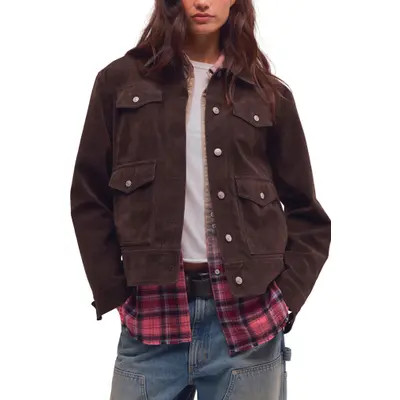 Free People Night Ranch Faux Suede Trucker Jacket in Antique Bronze at Nordstrom, Size Medium | Nordstrom