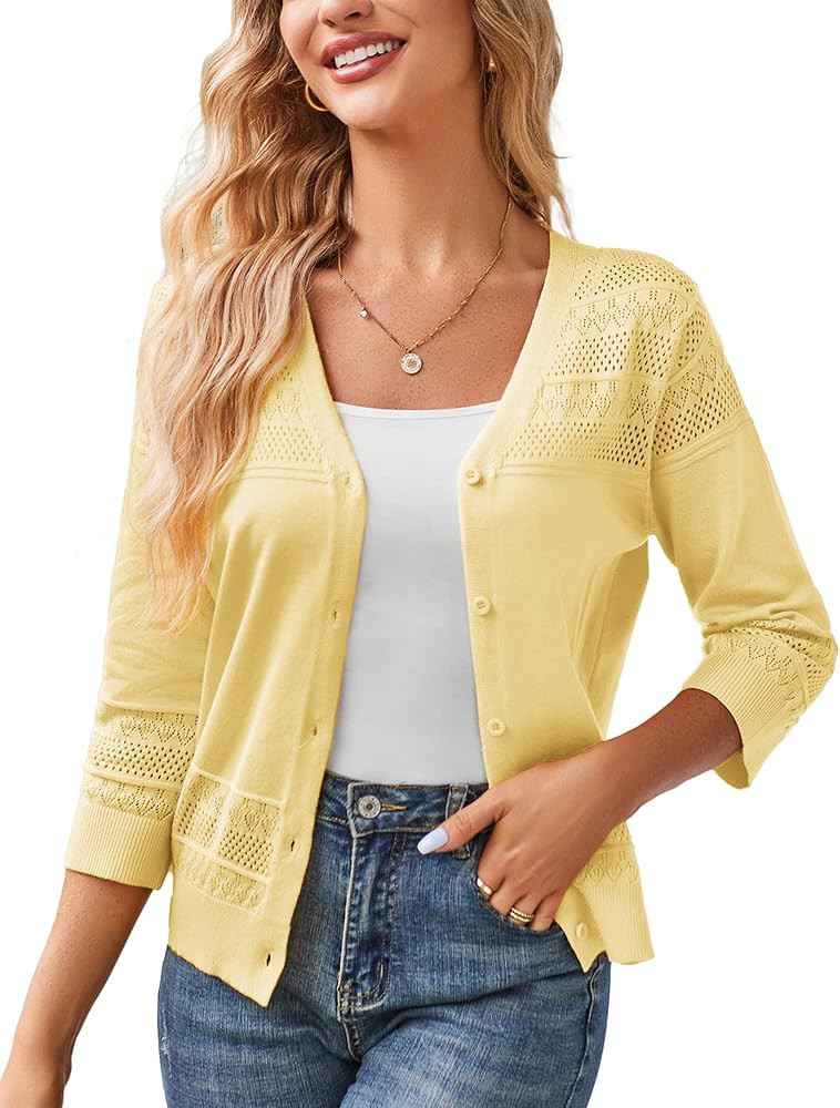 GRACE KARIN Women's 2025 Cropped Cardigan 3/4 Sleeve Lightweight Crochet Shrug Hollowed-Out Knit ... | Amazon (US)