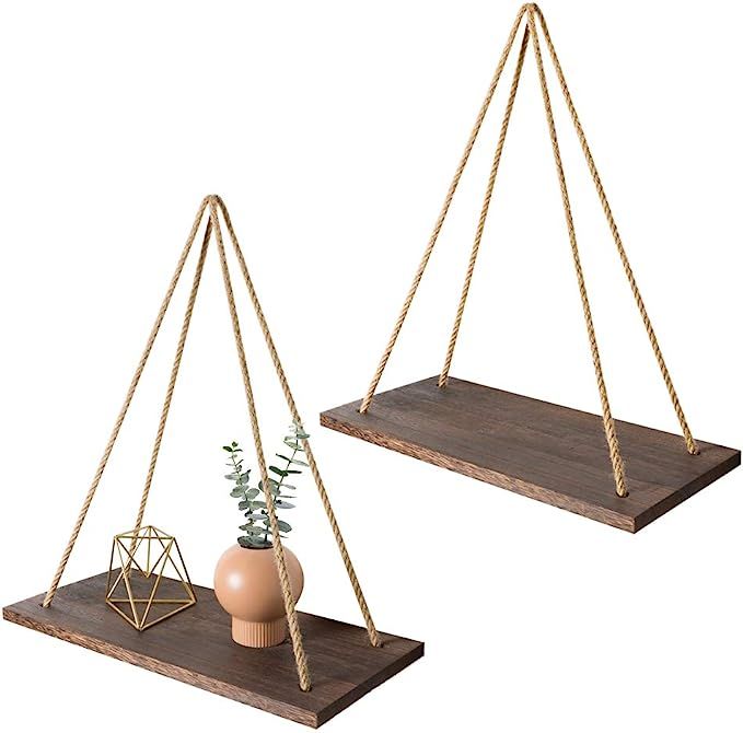 Mkono Boho Wall Hanging Shelf, Set of 2 Wood Floating Shelves for Wall Rustic Rope Shelves Plant ... | Amazon (US)