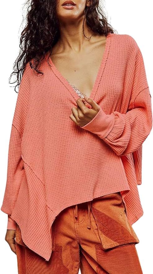 Womens Oversized Off Shoulder Waffle Sweatshirt V Neck Long Sleeve Pullover Knit Tops | Amazon (US)