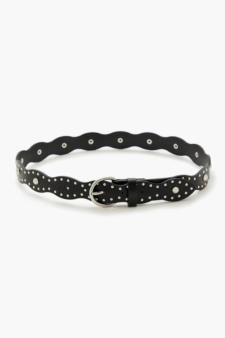 Studded Faux Leather Belt in Black/Silver, XS/S | Forever 21