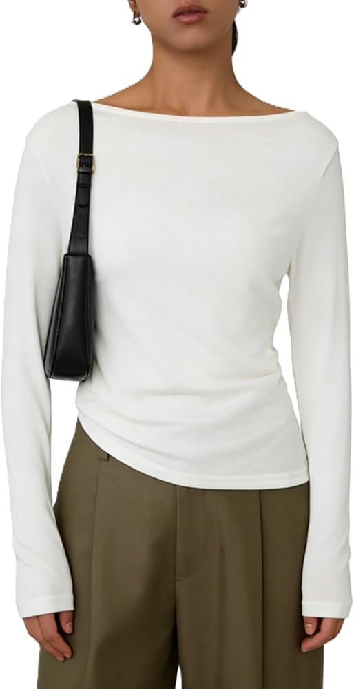 Women's Wool Boat Neck Sweater Long Sleeve Trendy Pleats Lightweight Off-Shoulder Tops | Amazon (US)