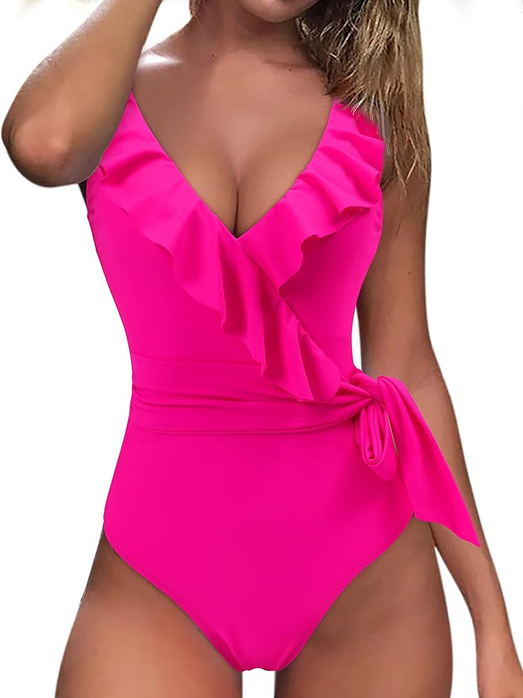 MOSHENGQI Women Ruffle One Piece Swimsuit V Neck Tummy Control Bathing Suit Wrap Monokini Swimwea... | Amazon (US)