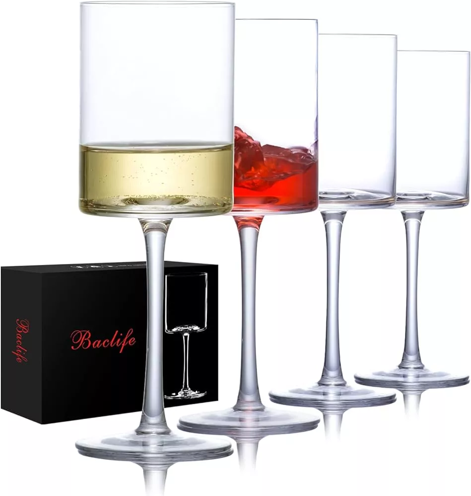 Set of 6 White Square Shaped Wine Glasses with Gold Rim - Curated