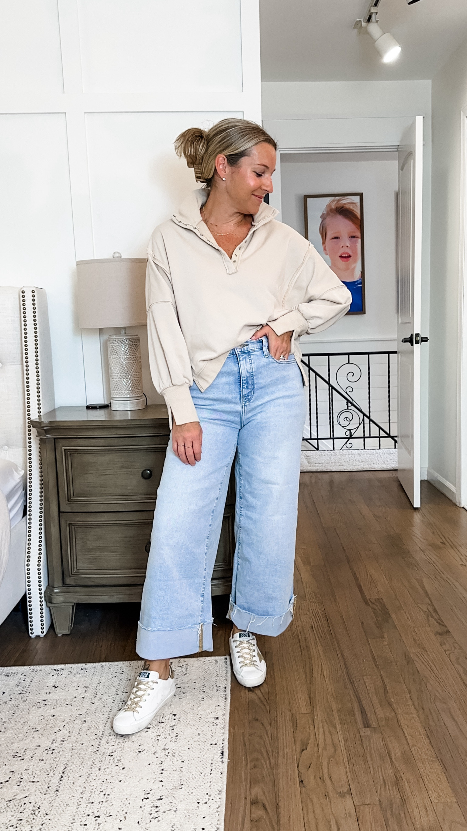 OBSESSED. I am in a medium sweatshirt so definitely size up 1-2 depending on the fit you want. This is more fitted. The model is prob in an XL. I’m in apricot but also have the white and black. My jeans are tts 8 and THE stretchiest and best! I have them cuffed. I got a 38 in the sneakers  

#LTKOver40 #LTKFallSale #LTKBacktoSchool