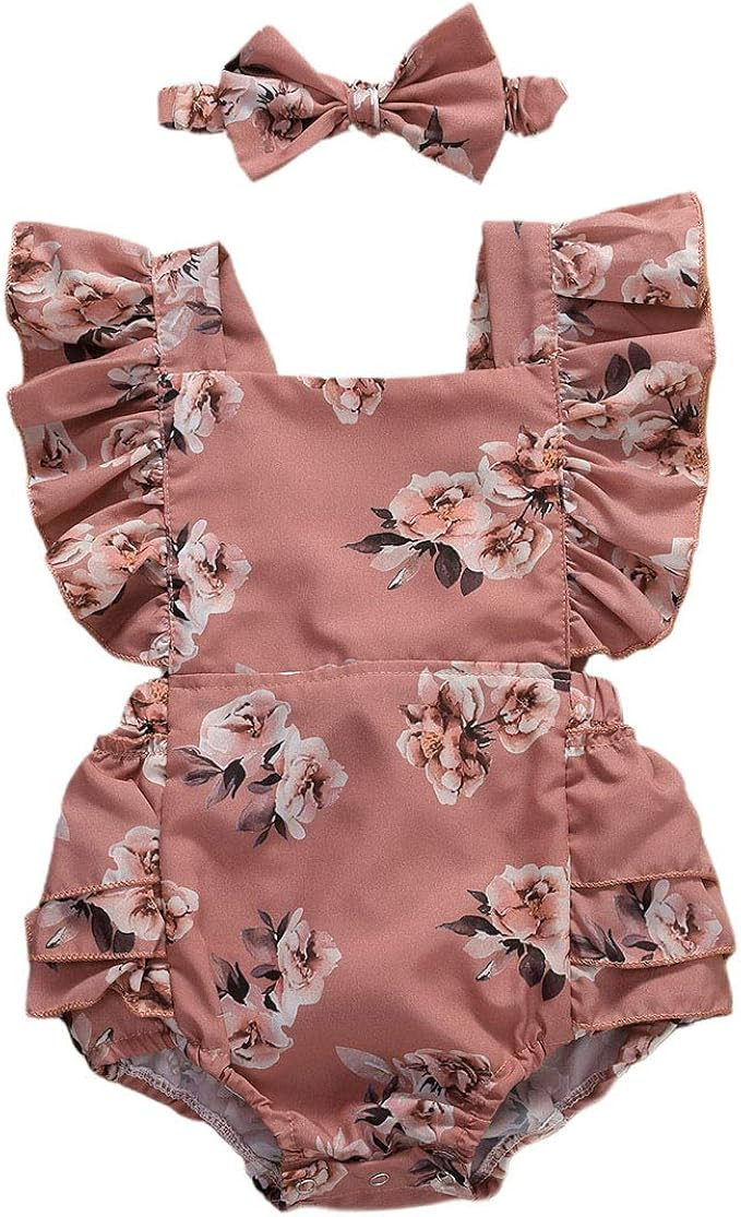 Newborn Baby Girl Outfits Floral Romper Infant Ruffle Bodysuit Headband 2 Pieces Summer Clothes | Amazon (US)