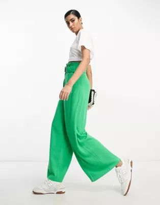 ASOS DESIGN linen paperbag waist wide leg pants in green | ASOS (Global)