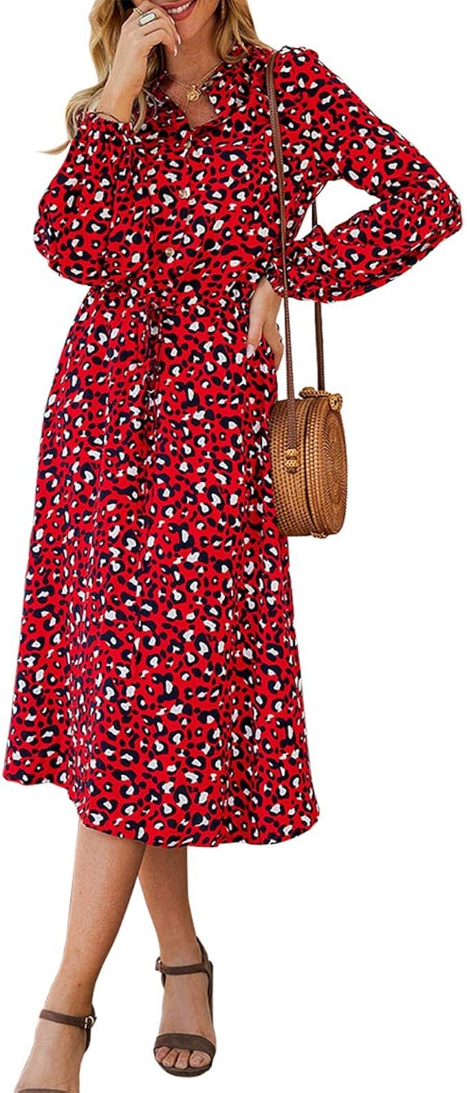 KIRUNDO 2020 Women’s Midi Leopard Dress Stylish Long Sleeves High Waist Dress Button Front Draw... | Amazon (US)