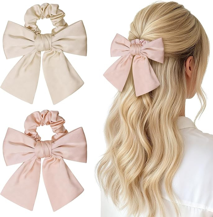 2-Piece Bow Knot Hair Ties for Women & Girls, No Damage Satin Cute Hair Scrunchies Ponytail Holde... | Amazon (US)