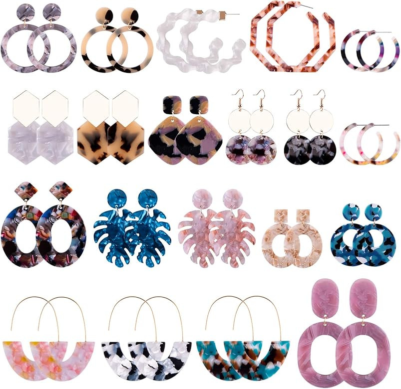 20 Pairs Acrylic Earrings Statement Earrings Resin Drop Dangle Mottled Acrylic Hoop Earrings Poly... | Amazon (US)