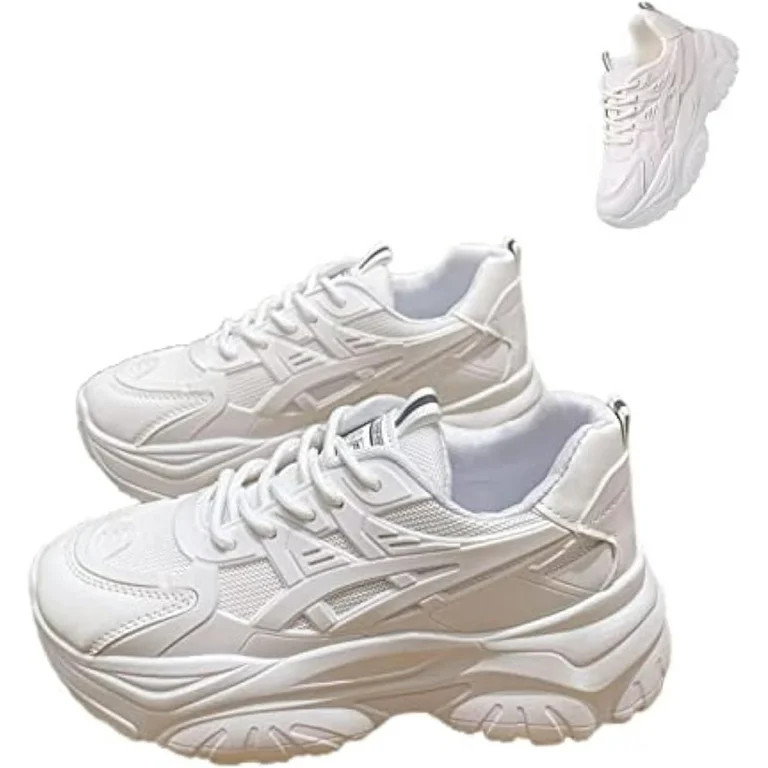 Women's White Platform Mesh Dad Sneakers - Solid Color, Breathable Heightening for Jogging & Walk... | Walmart (US)