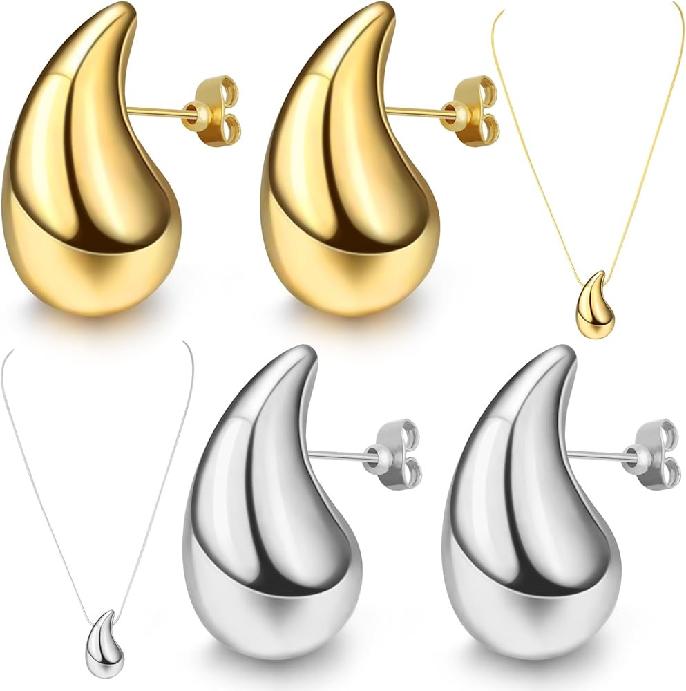 Sttoummg 4 Pieces Set Chunky Gold Hoop Earrings for Women, 925 Sterling Silver Post Drop Earrings... | Amazon (US)