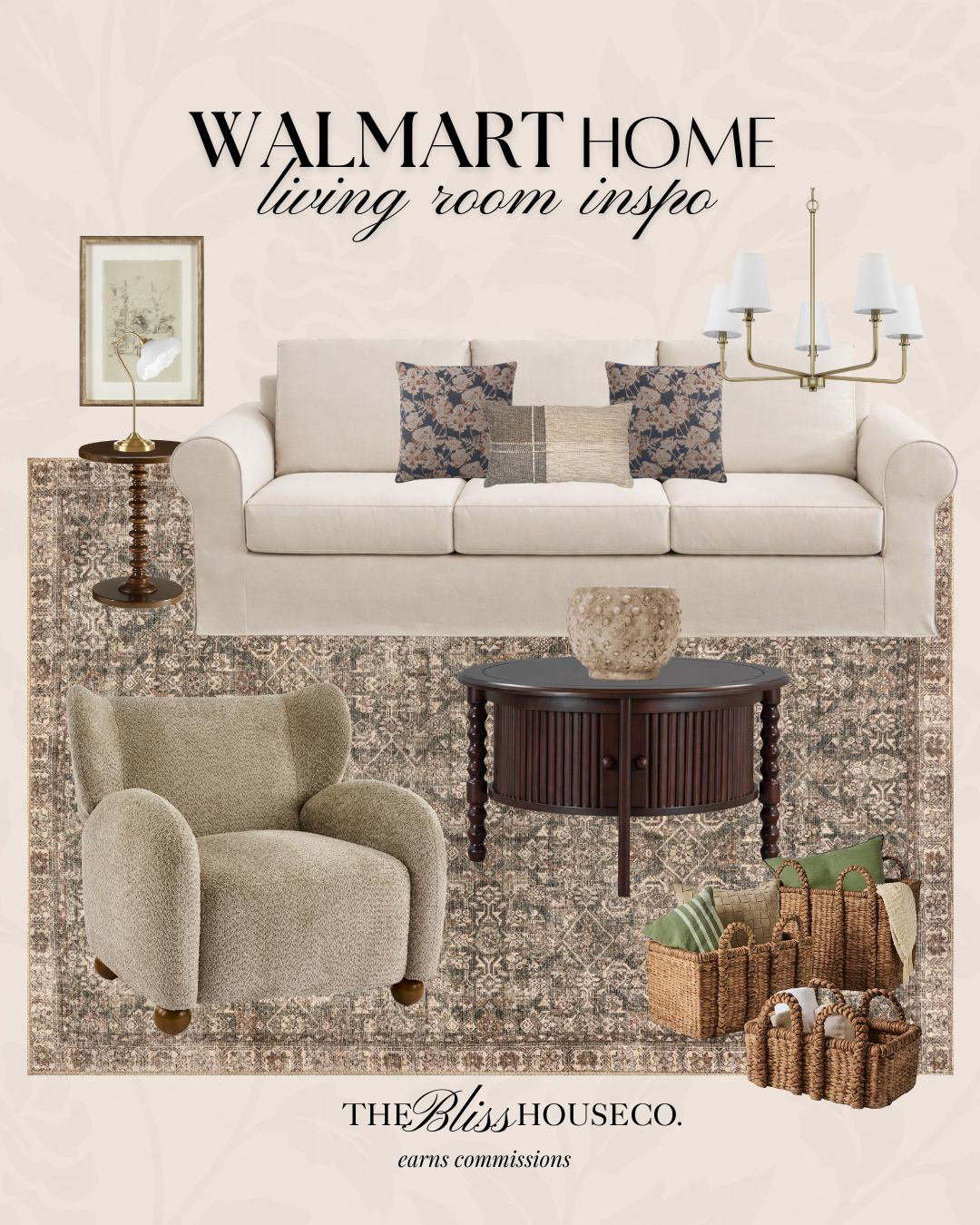 Classic neutral living room finds from Walmart. Cozy textures, vintage rug, warm wood accents and timeless pieces for an elevated everyday space.

Walmart home, affordable decor, beige sofa, accent chair, traditional rug, brass chandelier, wood coffee table, woven baskets, cozy styling, organic modern, budget furniture, living room inspo, designer look for less, warm neutrals, family space. 

 #LTKHome