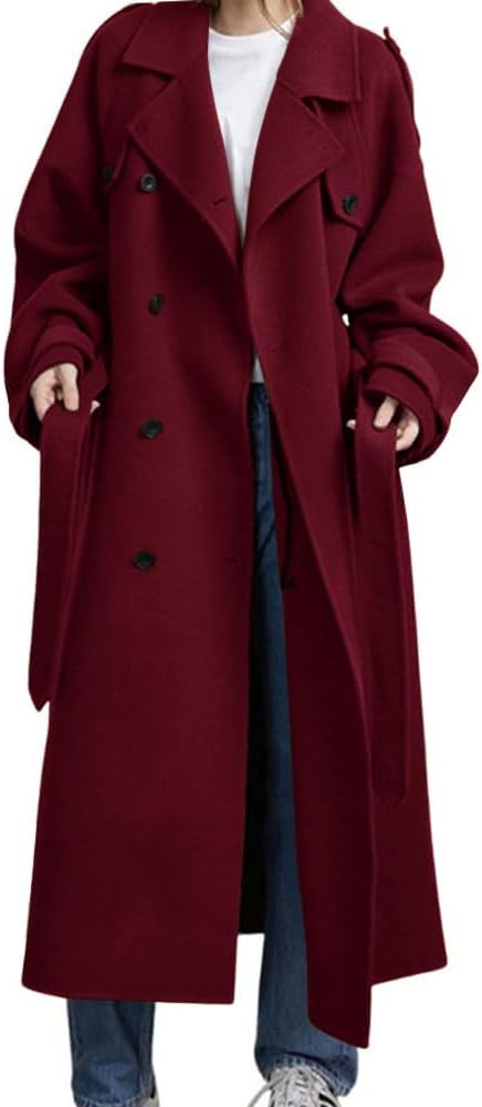 chouyatou Women's Winter Double Breasted Wool Coat Long Sleeve Notch Lapel Midi Long Winter Trench Coat with Belt | Amazon (US)