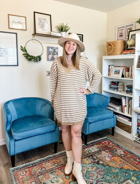 Women’s sweater dress perfect option for a Thanksgiving outfit! Plus a wide brim , tan fedora to accessorize your fall outfit  

#LTKstyletip #LTKSeasonal #LTKfindsunder50