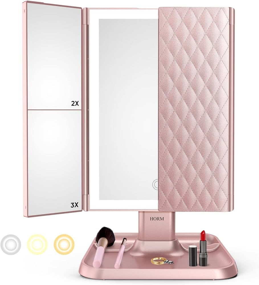 Makeup Mirror Trifold Mirror with Lights - 3 Color Lighting Modes 72 LED Vanity Mirror, 1x/2x/3x ... | Amazon (US)