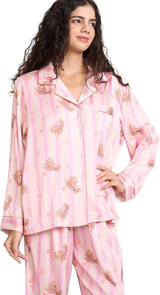 Womens Silk Satin Pajamas Set Button Down 2 Piece Pjs Long Sleeve Oversized Sleepwear with Pocket... | Amazon (US)