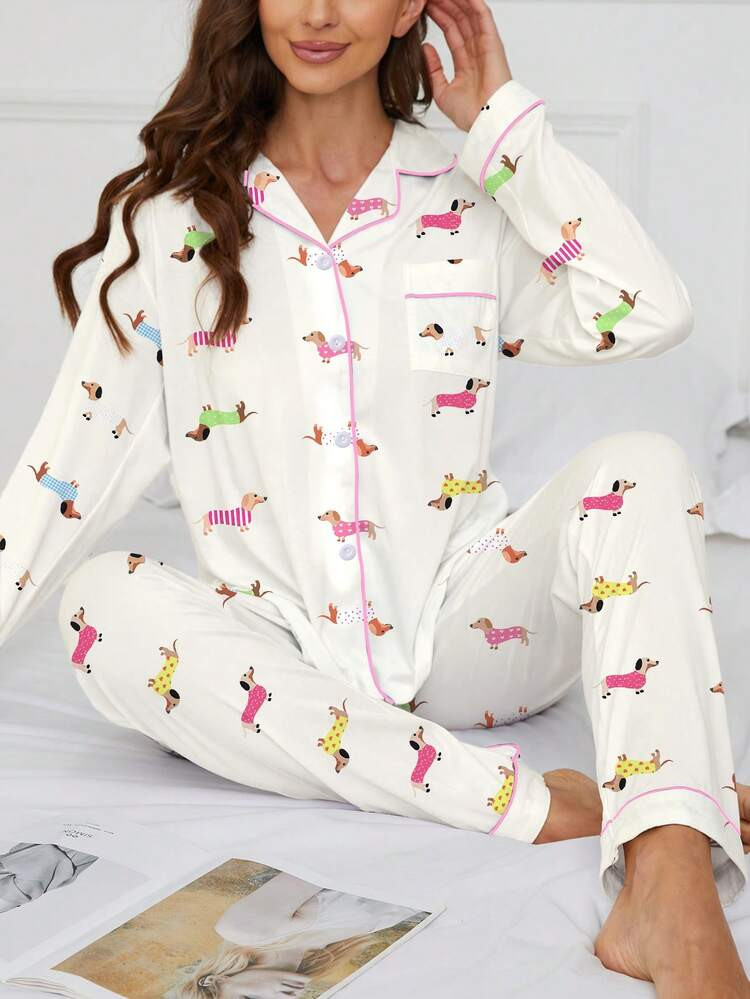 2pcs Casual Animal Cute Dachshund Print Women Pajama Set, Comfortable Long Sleeve Collar Top And Elastic Waist Pants, Sleepwear For Holiday Party, Loungewear For Women All Season, Fall & Winter Clothes | SHEIN