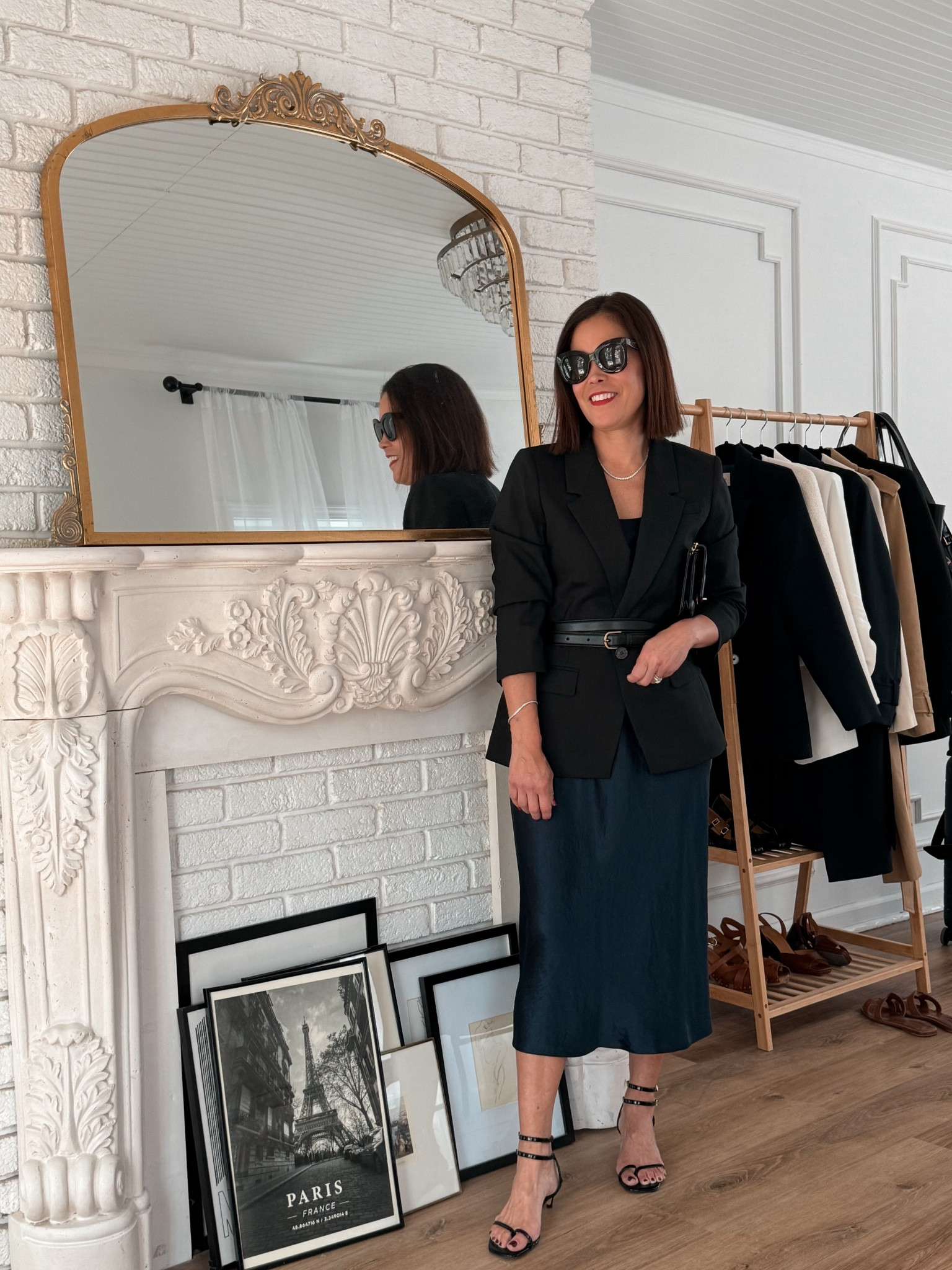 Paris Dinner Outfit 
Vince Slip Dress/ wearing size small
J.Crew Willa Blazer/wearing size 8
Toteme Belt-linking similar
J.Crew Sandals-linking similar 