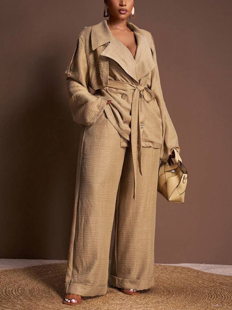 Veslaya Spring/Autumn New Elegant Commute & Casual & Party Loose Solid Khaki Long Sleeve Lapel Collar Metal Buckle Decor Thin Jacket And Wide Leg Long Pants With Pockets Women Plus Size 2 Pieces Set,Fall Clothes For Women Winter | SHEIN