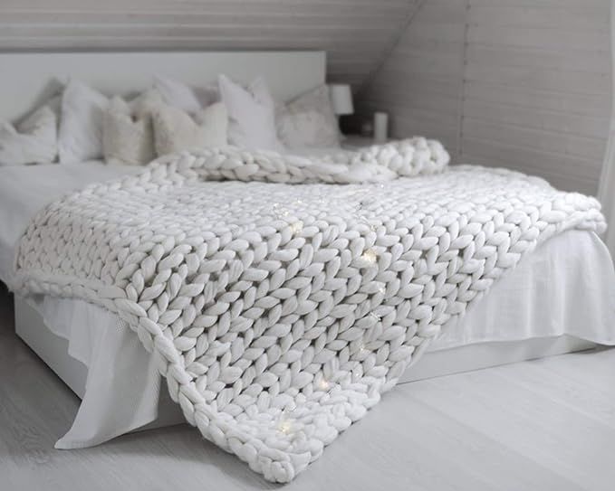 Chunky Knit Blanket Merino Wool Hand Made Throw Boho Bedroom Home Decor Giant Yarn,White,40"x47" | Amazon (US)