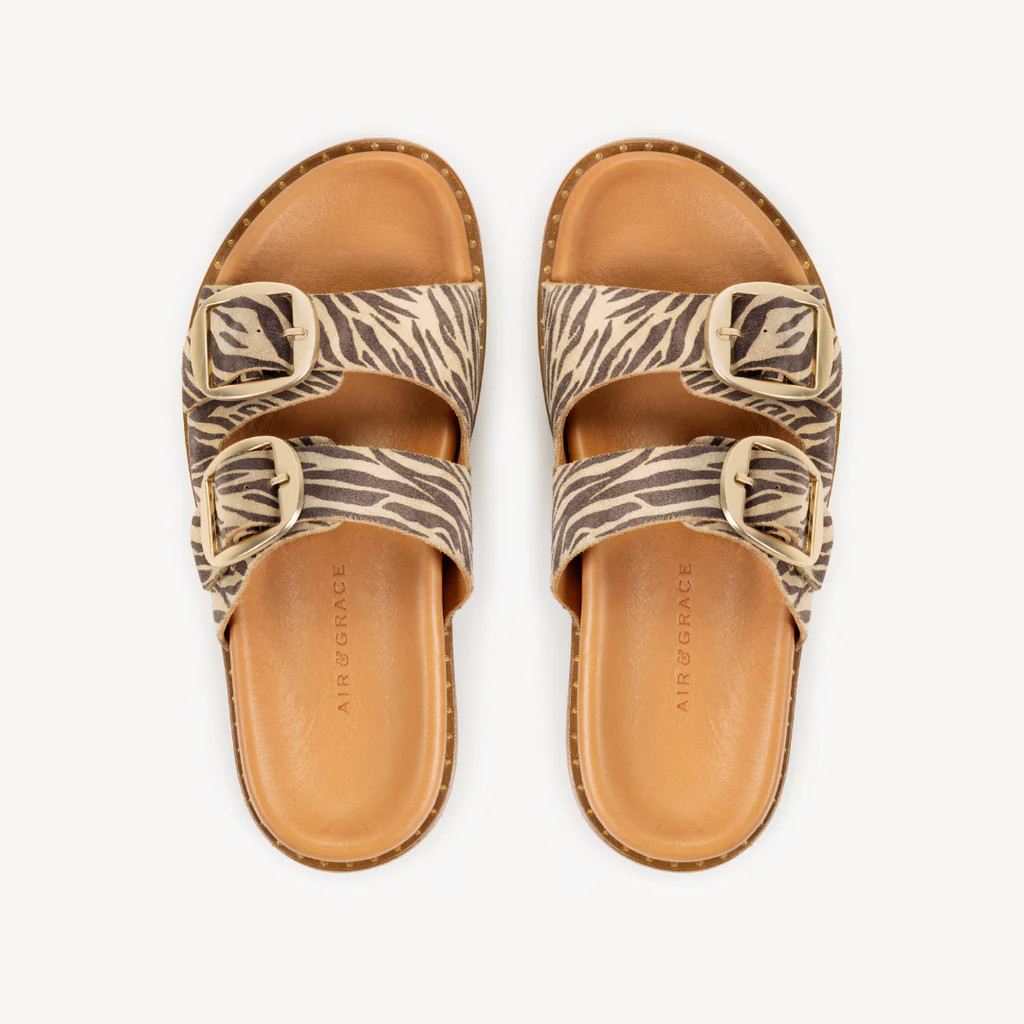 Talia Two Bar Sandals: Zebra Print Suede | Air & Grace