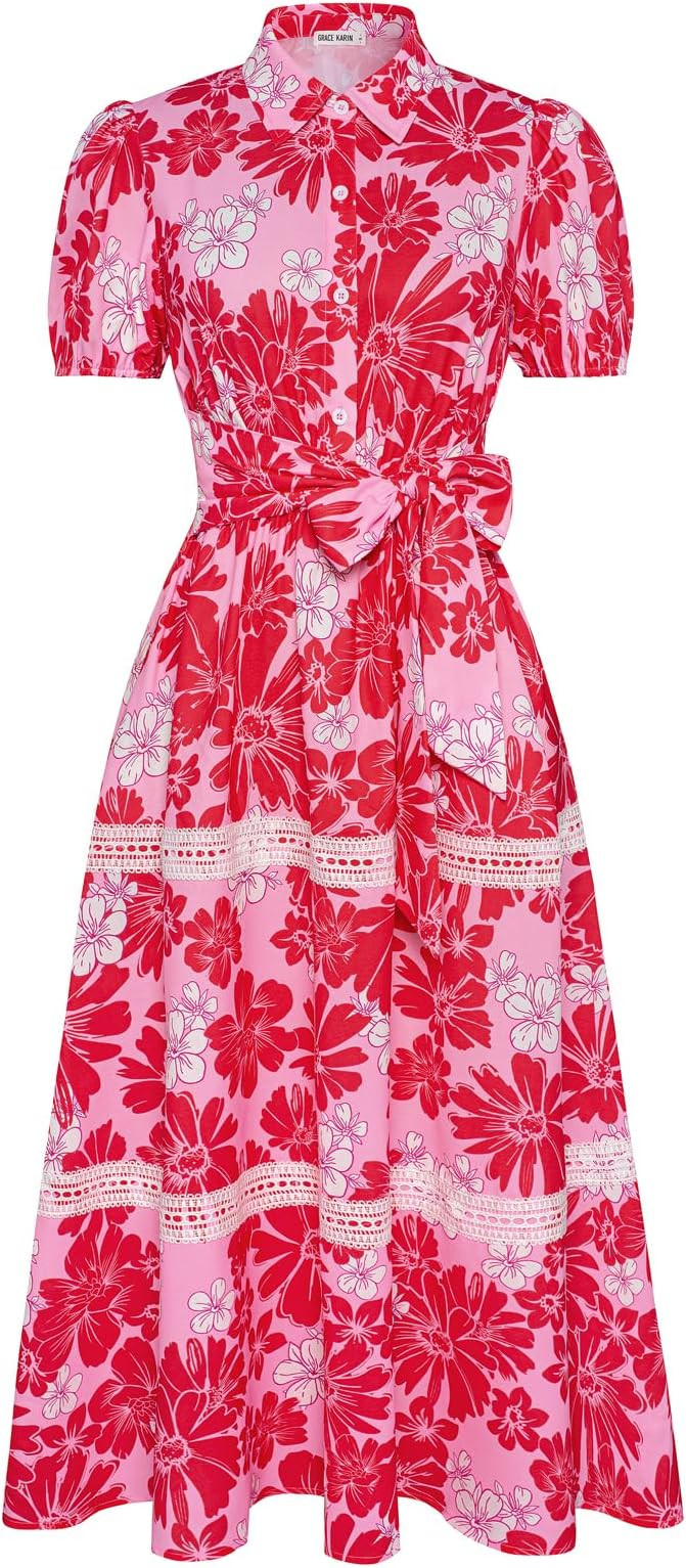 GRACE KARIN Women's 2026 Summer Floral Flowy Dresses Boho Tie Belt Short Puff Sleeve A Line Maxi ... | Amazon (US)
