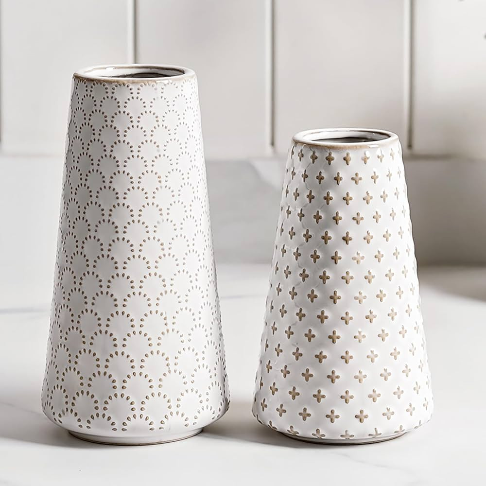 Ceramic Vase for Decor, 6 Inch+7.1 Inch White Flower Vase for Lego Flowers, Tulip and Pampas Gras... | Amazon (US)