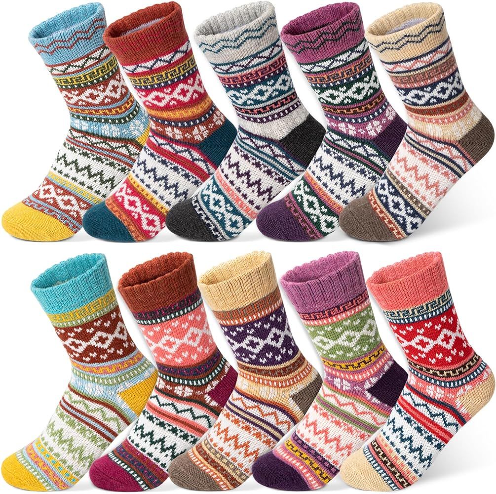 JINDUN 10 Pairs Women Socks Winter Wool Sock Thick Vintage Crew Socks for Women Cozy Socks Gifts ... | Amazon (US)