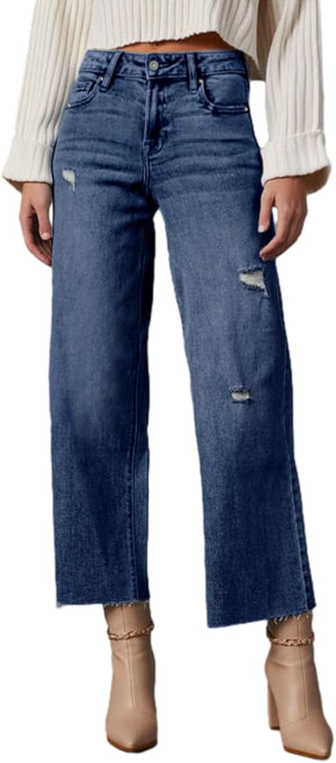 Dokotoo Womens High Waist Baggy Jeans Wide Leg Casual Petite 2024 8 Points Length Stretch Denim P... | Amazon (US)