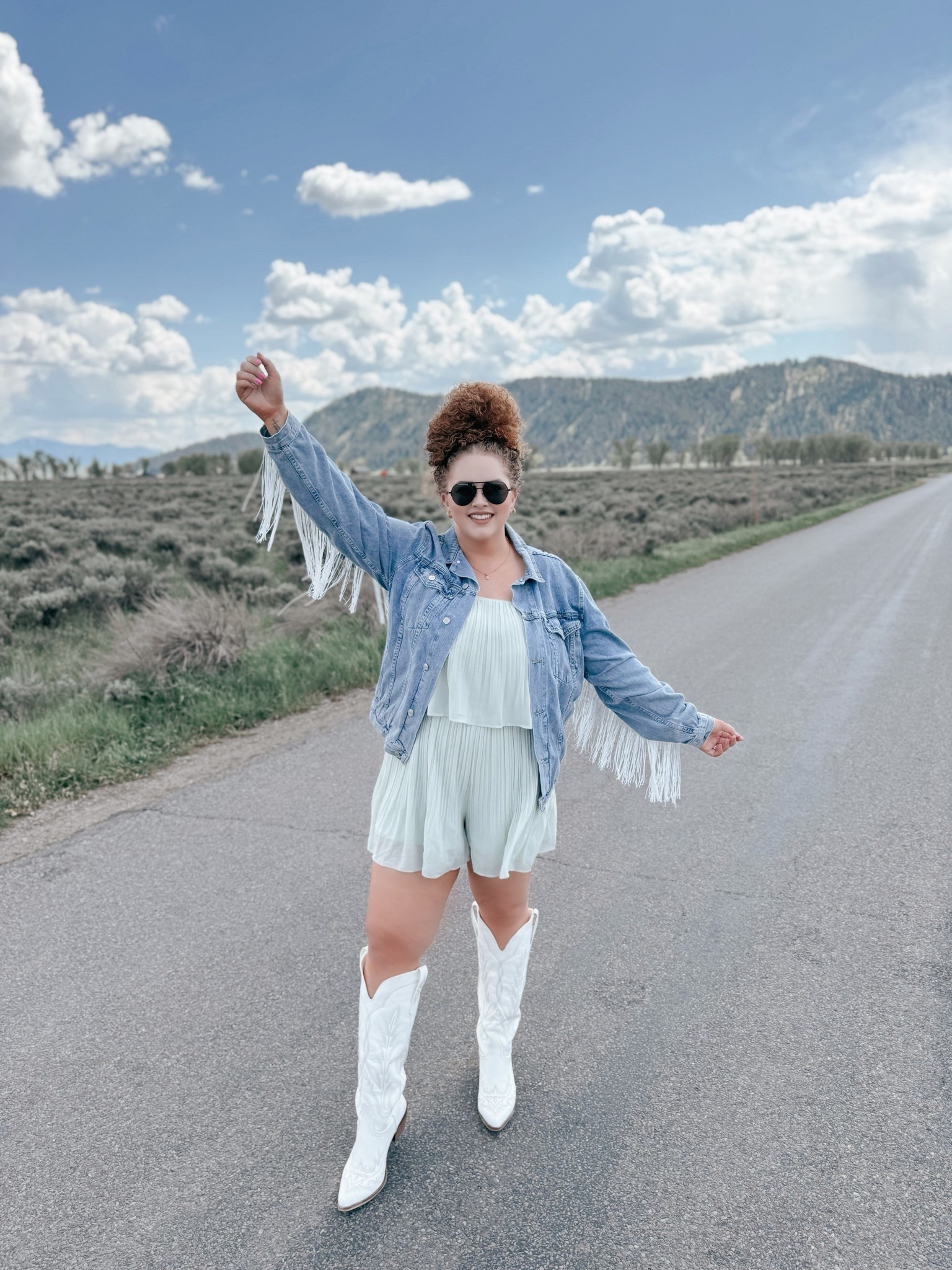 Mountains high, spirits higher 💚🏔️ chasing sunsets and chasing dreams 🤠✨ concert outfit | concert look | boho cowgirl | Nashville outfit | Nashville bachelorette look | Morgan wallen concert outfit | Taylor swift concert outfit | country concert outfit | western concert outfit | concert season | cowgirl boots | amazon cowgirl boots | white cowgirl boots | amazon white cowgirl boots | amazon boots | amazon finds | amazon fashion | amazon outfit | amazon look | amazon concert outfit | amazon concert finds | western concert outfit | western fashion | amazon western fashion | amazon western outfit | romper | amazon romper | amazon green romper | fringe denim jacket | amazon fringe denim jacket | fringe jacket | amazon fringe jacket | spring concert | spring concert outfit | spring western outfit | grand Teton trip | grand Teton outfit | grand Teton | western outfit | western fashion | western look 

#LTKSaleAlert #LTKMidsize #LTKSummerEdit