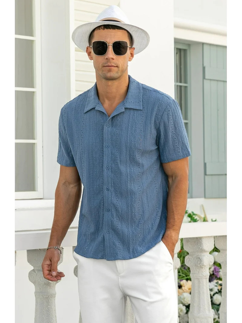 Iceglad Men's Casual Button Down Shirts Short Sleeve Shirts Vacation Beach Summer Hollow Out Tops | Walmart (US)