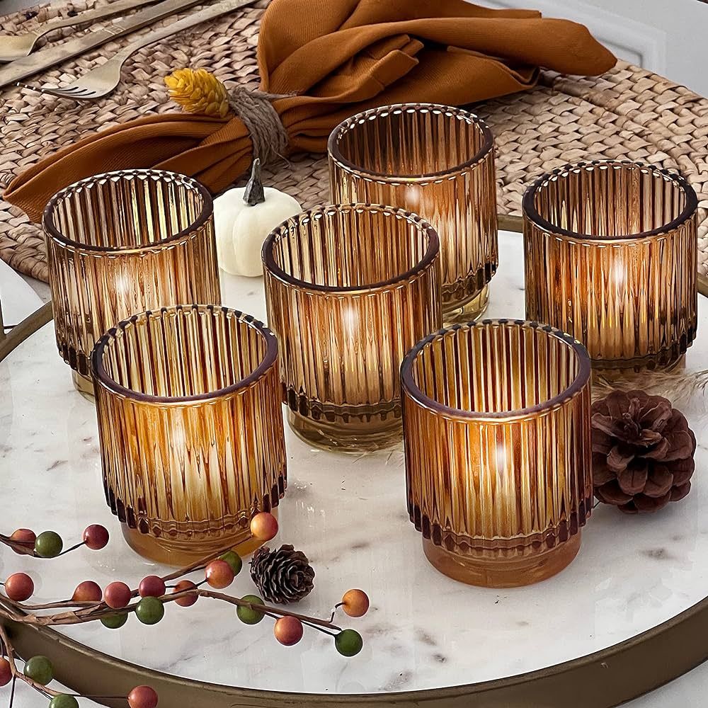Kate Aspen Vintage Ribbed Amber Glass Tealight & Votive Candle Holders (Set of 6), Fall Decor, Boho  | Amazon (US)
