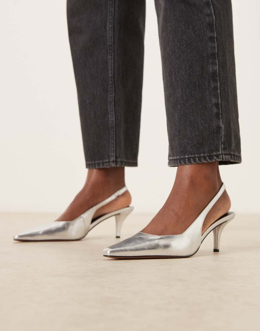ASOS DESIGN Shake chisel toe slingback mid heel shoes in silver | ASOS (Global)