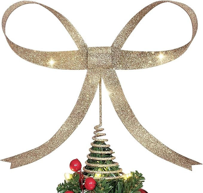 Large Metal Bow Christmas Tree Topper,9.4 Inch Glitter Champagne Gold Tree Topper,Champagne Gold ... | Amazon (US)