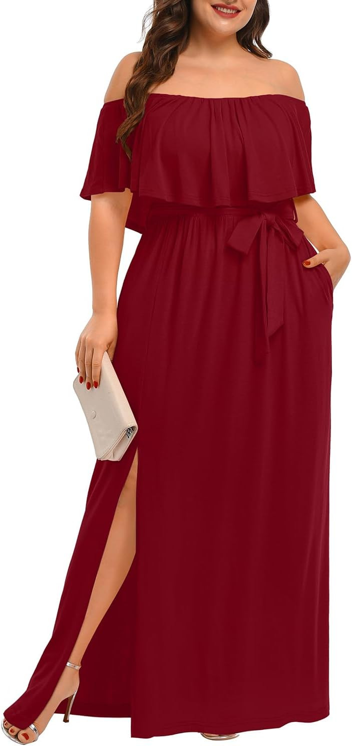 Pinup Fashion Plus Size Off Shoulder Summer Wedding Guest Split Maxi Dress | Amazon (US)